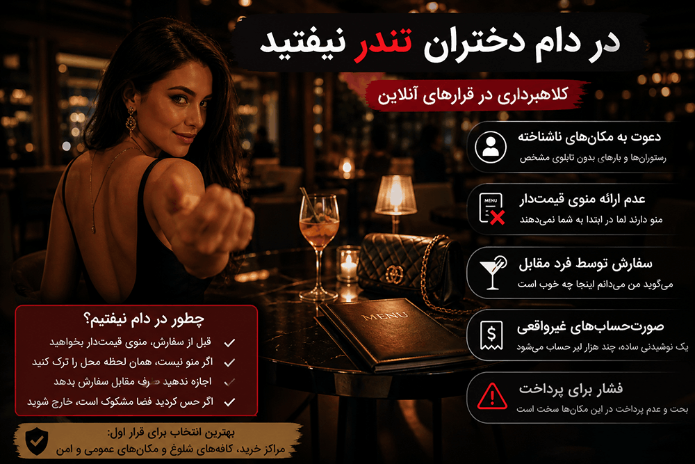 برخی افراد در اپلیکیشنهای دوستیابی با هدف کلاهبرداری، شما را به مکانهای نامعتبر دعوت میکنند و با سفارشهای کنترلشده، صورتحسابهای غیرواقعی ایجاد میکنند. با رعایت چند نکته ساده میتوان بهراحتی از این دامها دوری کرد.